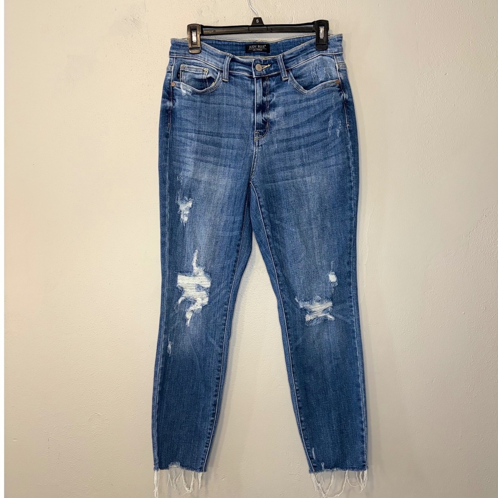 Judy Blue Relaxed Fit Distressed Raw Hem Skinny Jeans Medium Wash Size 5/27